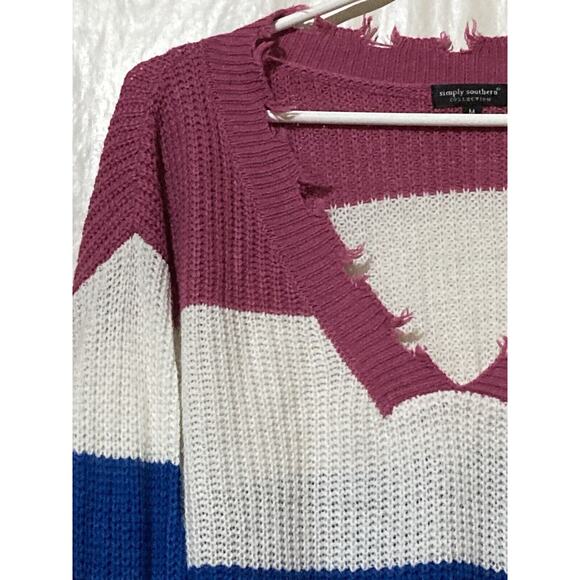 Simply Southerns Sweater Women’s Medium Distressed Striped Pink White Blue - Picture 6 of 10